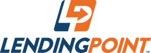 The logo features a stylized "LP" with the "L" in blue and the "P" in orange, incorporating an arrow in its design. Below, "LENDINGPOINT" is written in bold, uppercase letters with "LENDING" in blue and "POINT" in orange.