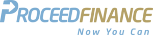 The logo features "PROCEED FINANCE" with the tagline "Now You Can" underneath. "PROCEED" is in light blue, "FINANCE" is in gold, and the tagline is in light blue.